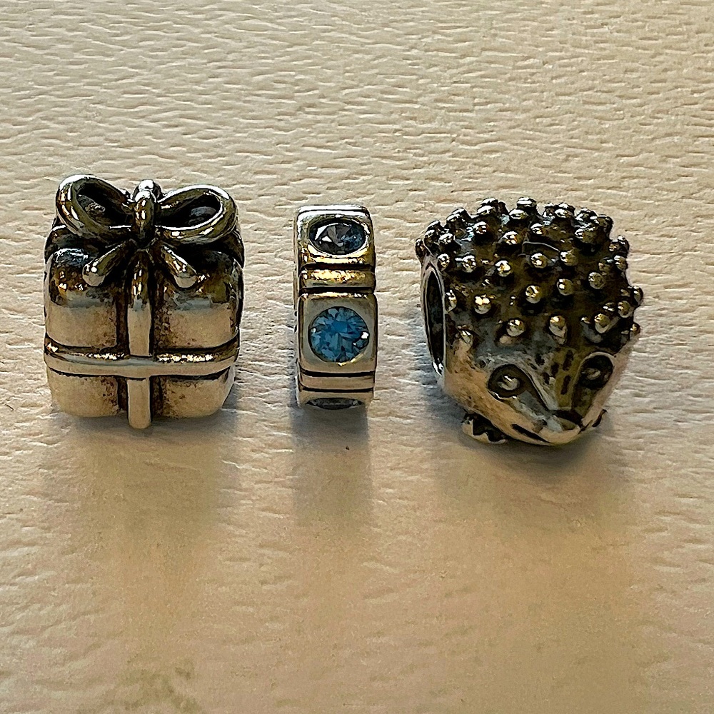 Authentic Pandora Retired Sterling Silver Present, Blue Spacer and Hedgehog